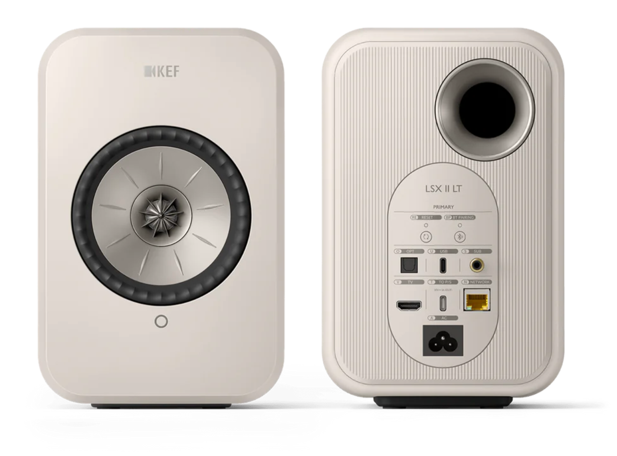 KEF LSX II LT Wireless Bookshelf Speakers in Stone White. Front and back
