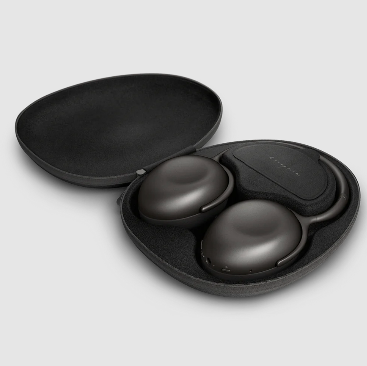 KEF Mu7 Noise Cancelling Wireless Headphones in Charcoal Grey, in their case