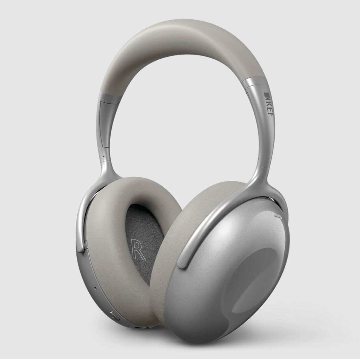 KEF Mu7 Noise Cancelling Wireless Headphones in Silver Grey, angled