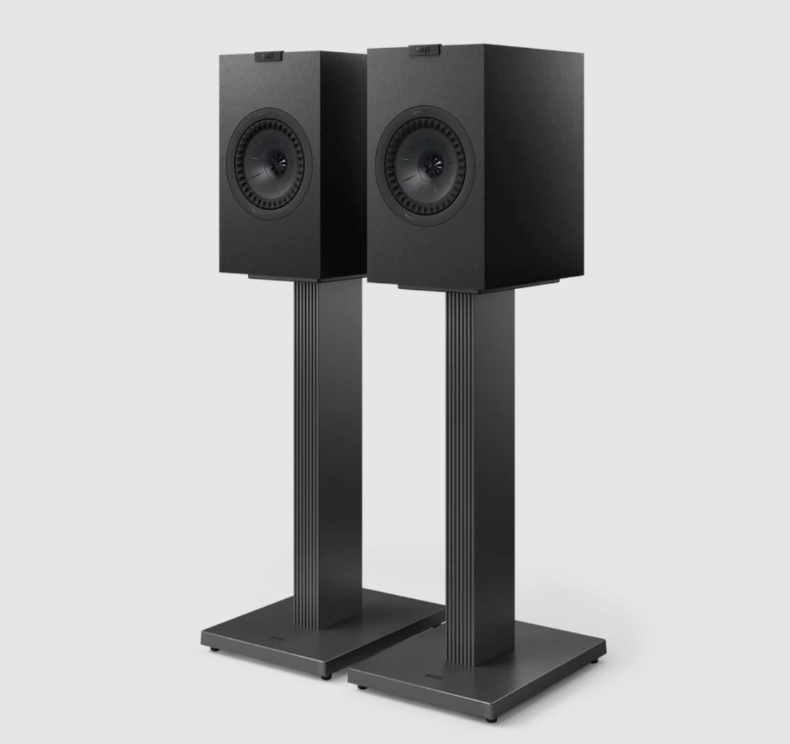 KEF Q3 Meta 2-way Bookshelf Speakers in Satin Black, mounted on SQ1 stands (sold seperately)