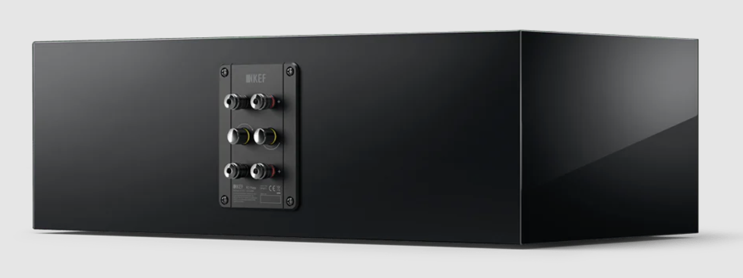 KEF R2 Meta Centre Channel Speaker in Black Gloss. Back on an angle