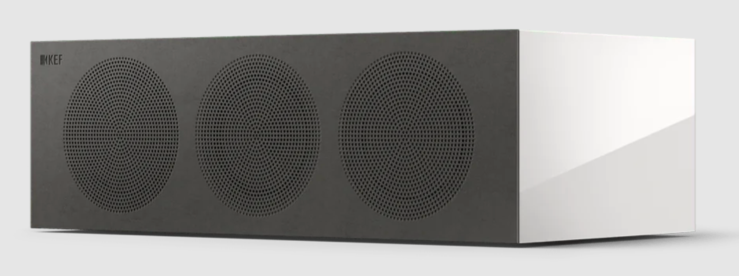 KEF R2 Meta Centre Channel Speaker in White Gloss, with grille. Front on an angle