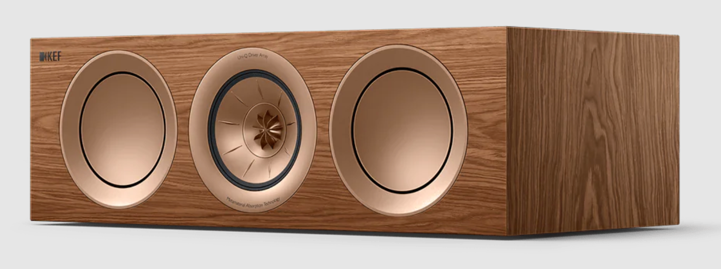KEF R2 Meta Centre Channel Speaker in Walnut. Front on an angle