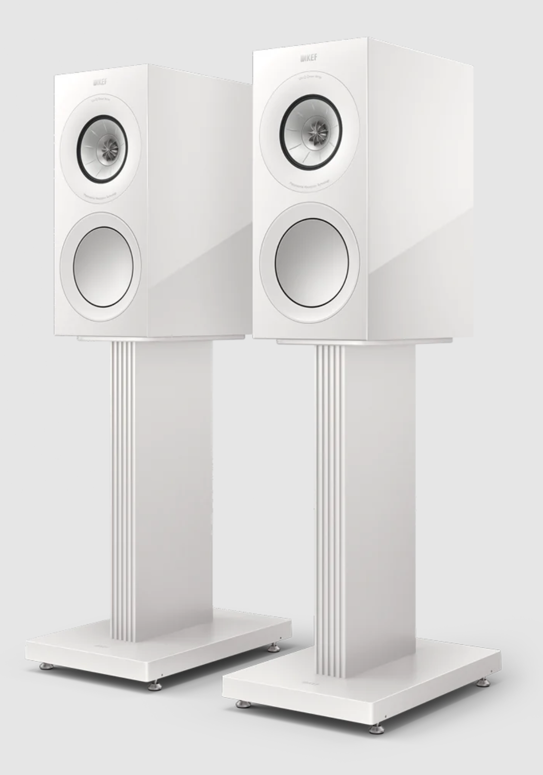 KEF R3 Meta Bookshelf Speakers in Gloss White, on S3 stands.