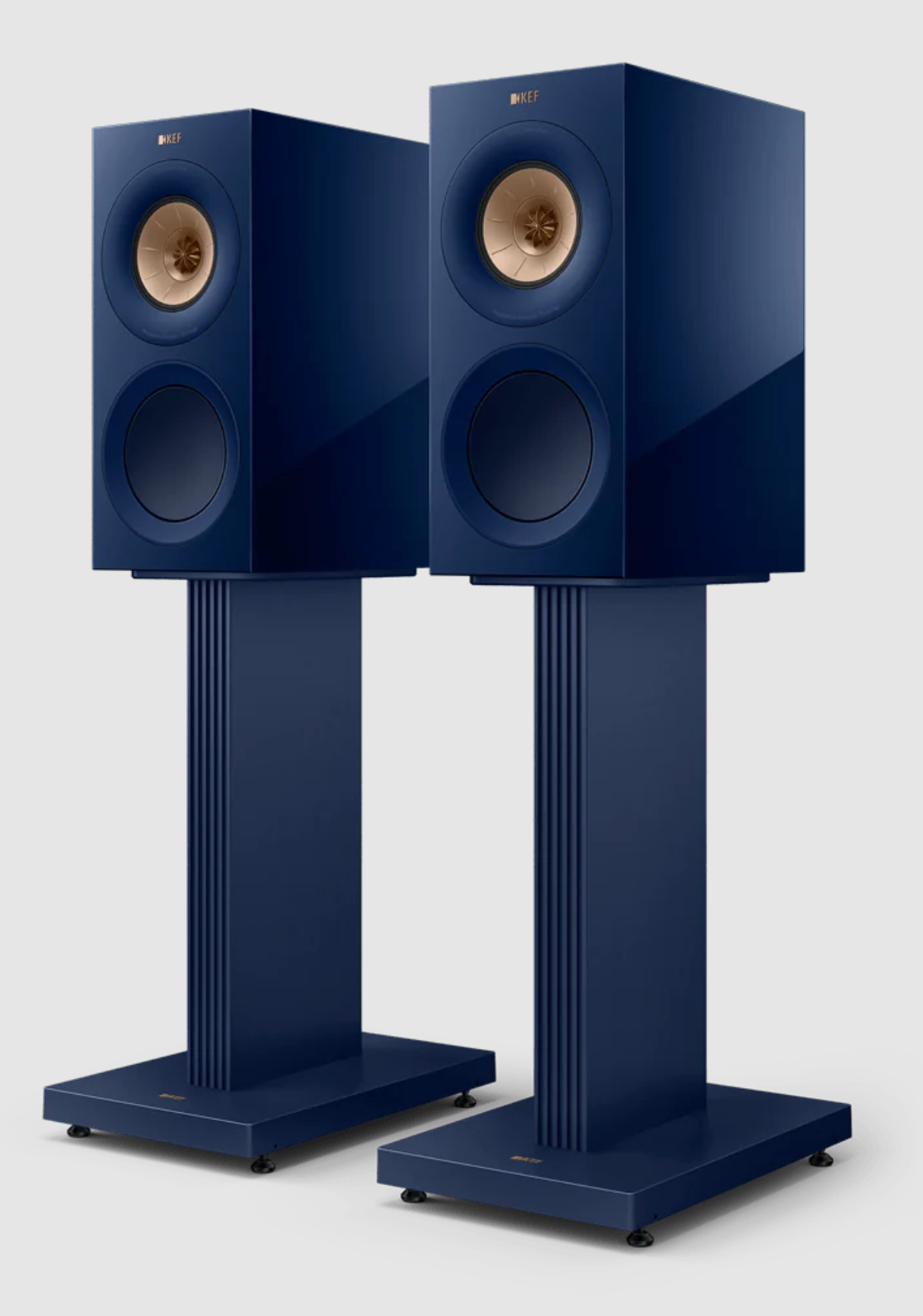 KEF S3 Speaker Stands in Indigo Matt with R3 Meta Bookshelf Speakers in Indigo Gloss, on stands. Special Edition