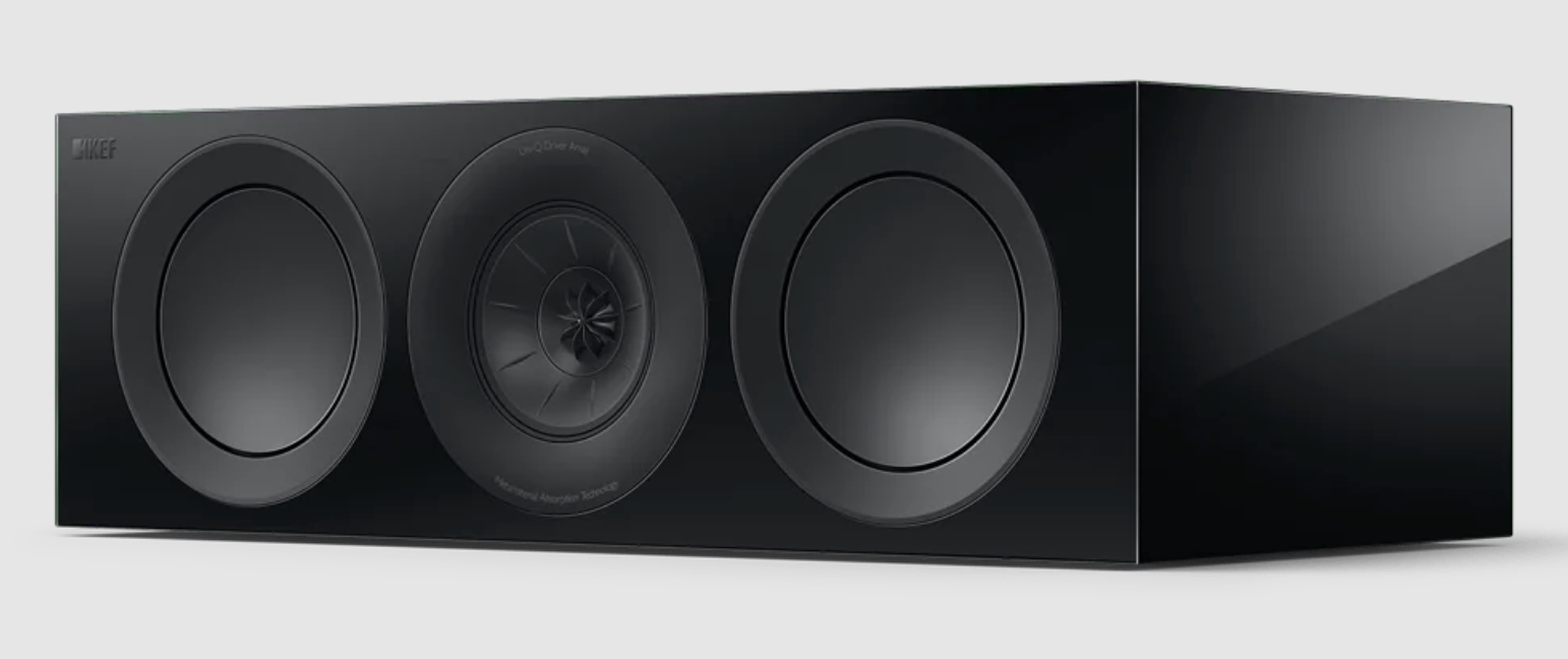 KEF R6 Meta Centre Channel Speaker in Gloss Black. Front on an angle
