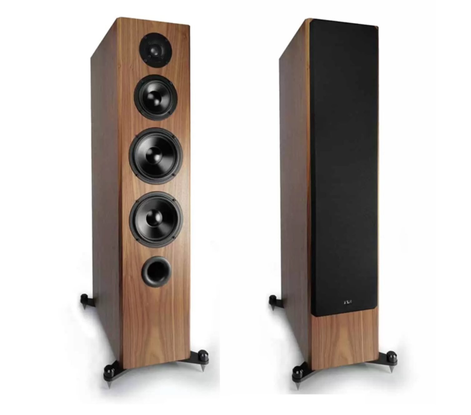 KLH Kendall 2F Floorstanding Speaker pair in English Walnut. Image shows with and without grille
