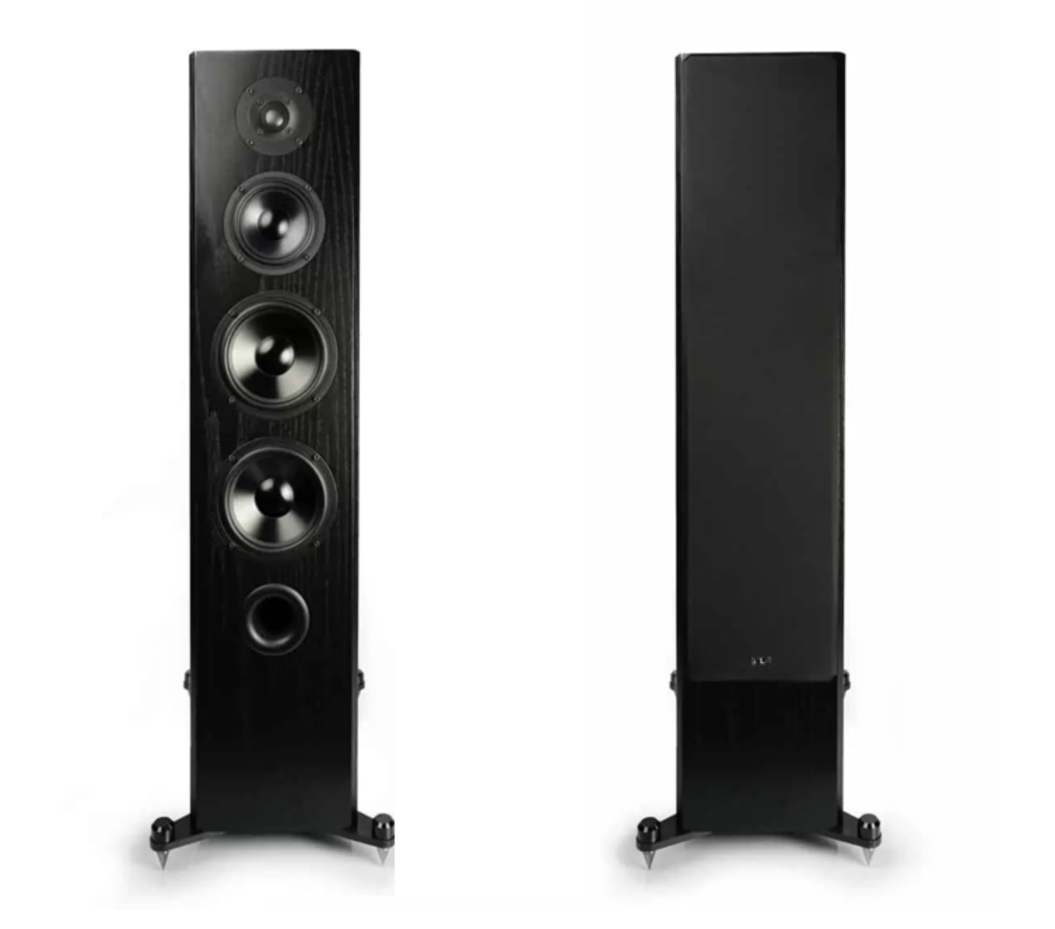 KLH Kendall 2F Floorstanding Speakers in Black Oak Veneer. Image shows one speaker without grille, the other with grille