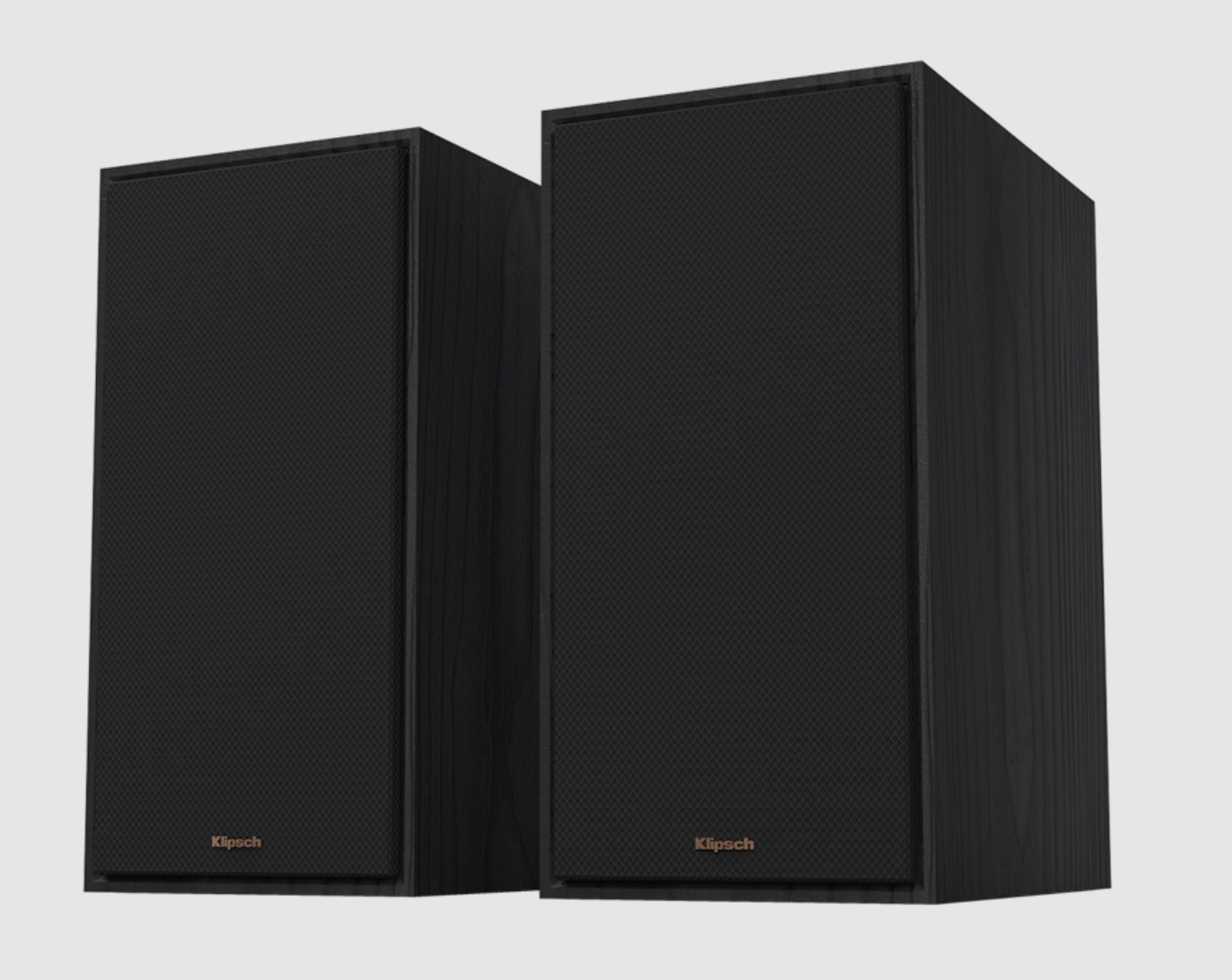 Klipsch R-60M Bookshelf Speakers in Ebony sold as a pair. Image shown with grille and angled