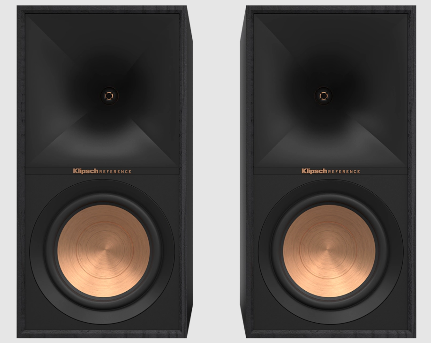 Klipsch R-60M Bookshelf Speakers in Ebony sold as a pair. Front of speakers without grille