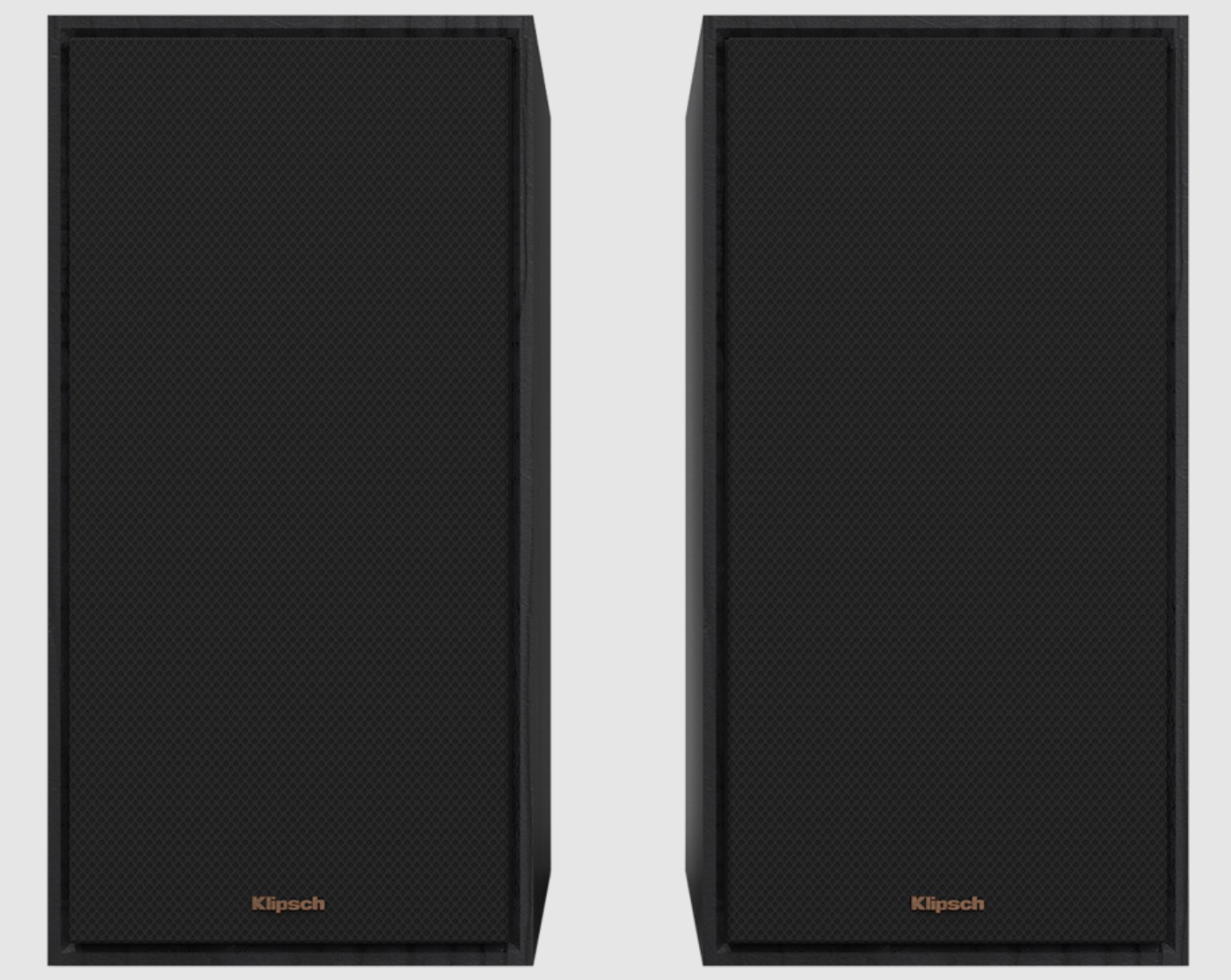 Klipsch R-60M Bookshelf Speakers in Ebony sold as a pair. Front of speakers with grille