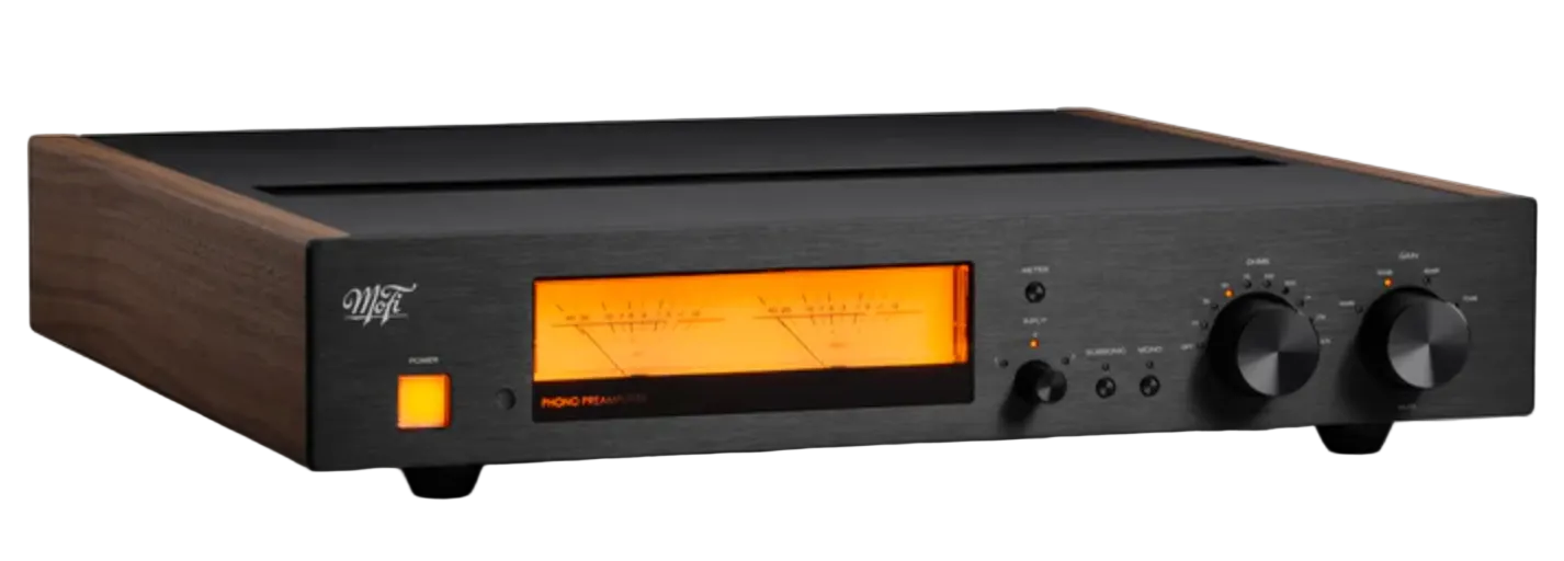 Mobile Fidelity (MoFi Electronics) MasterPhono Phono Stage in walnut. Front and left side angled image