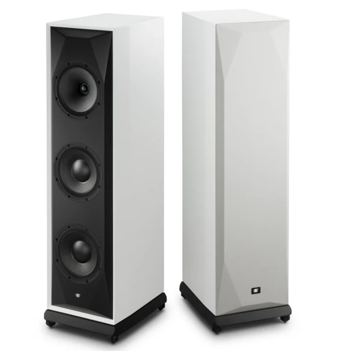 Mobile Fidelity SourcePoint 888 Floorstanding Speakers Pair in white. One with, the other without grille.