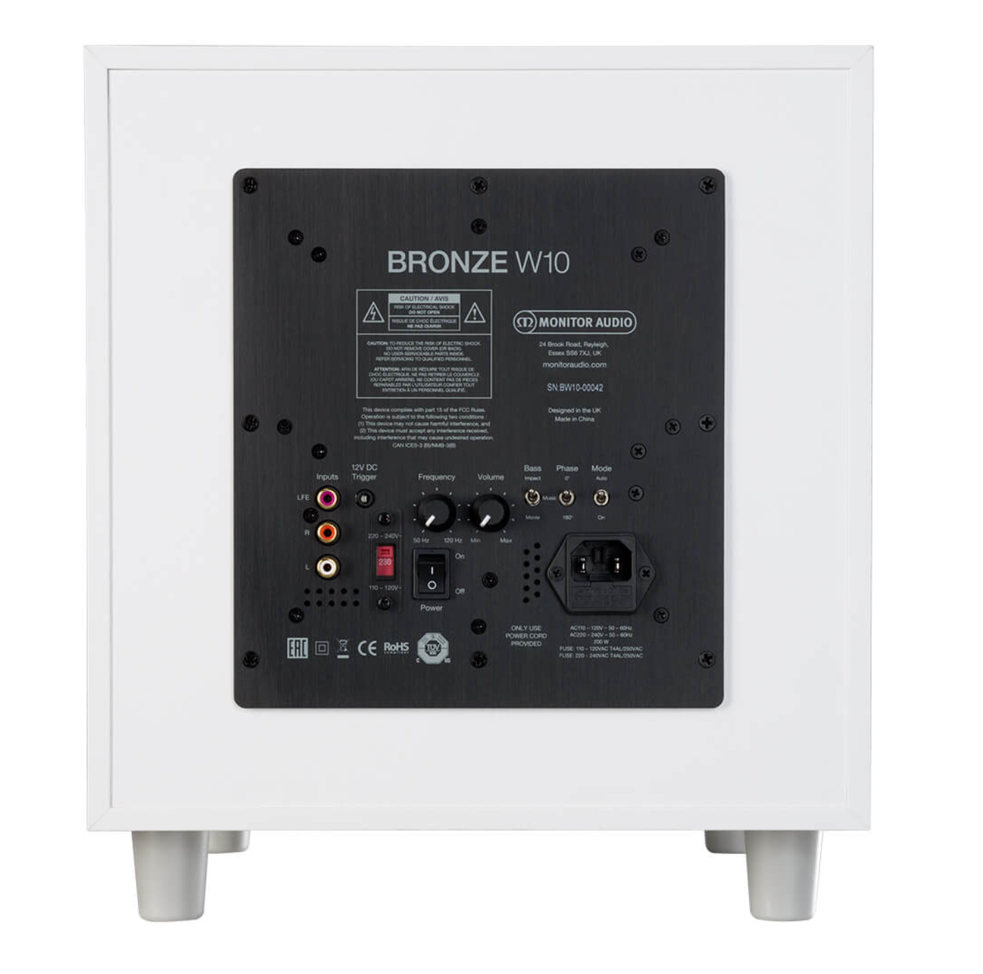 Monitor Audio Bronze W10 (6G) 10" Subwoofer in White, back of unit