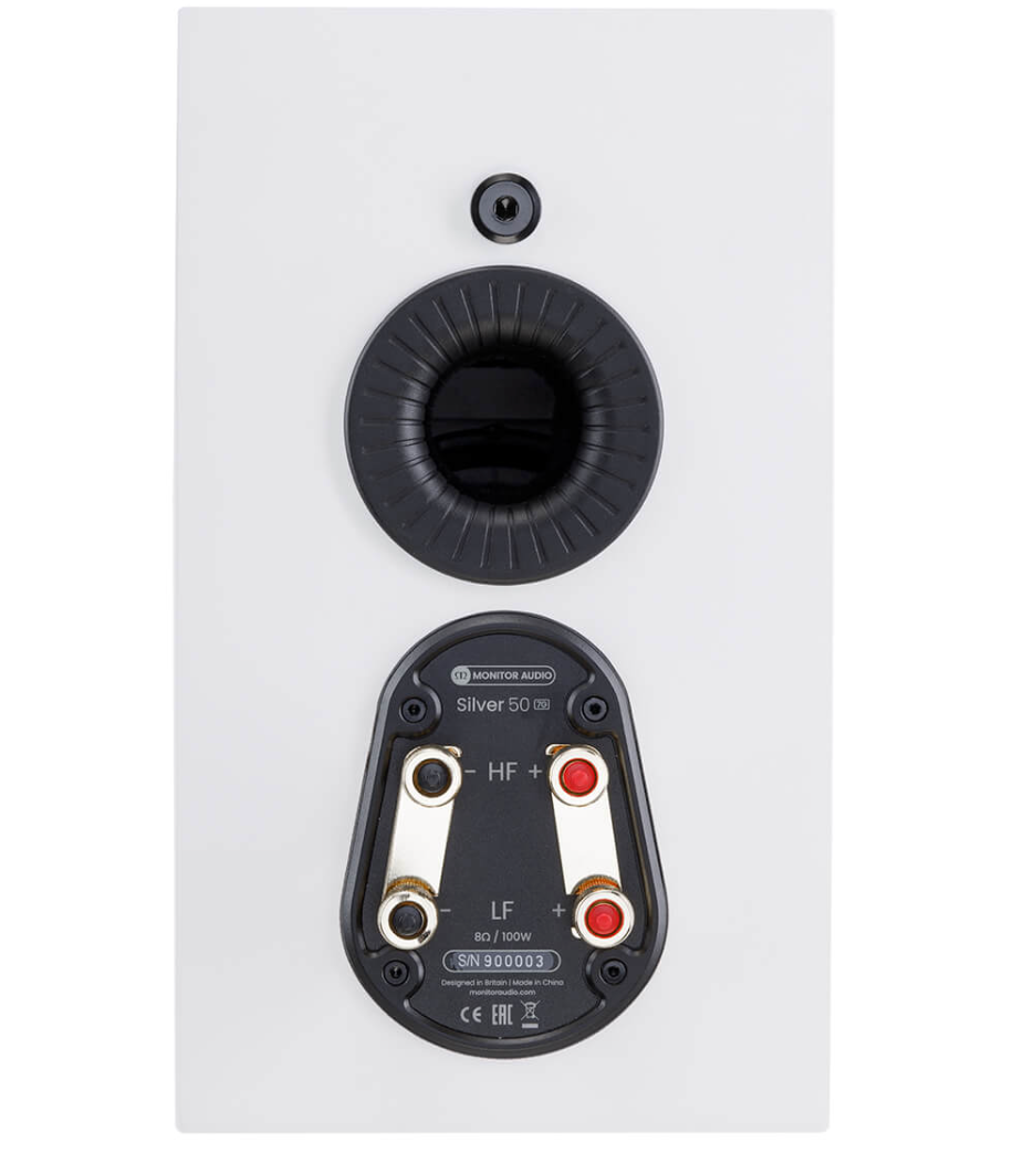 Monitor Audio Silver 50 7G Bookshelf Speakers (pair) in white. Back of individual speaker shown