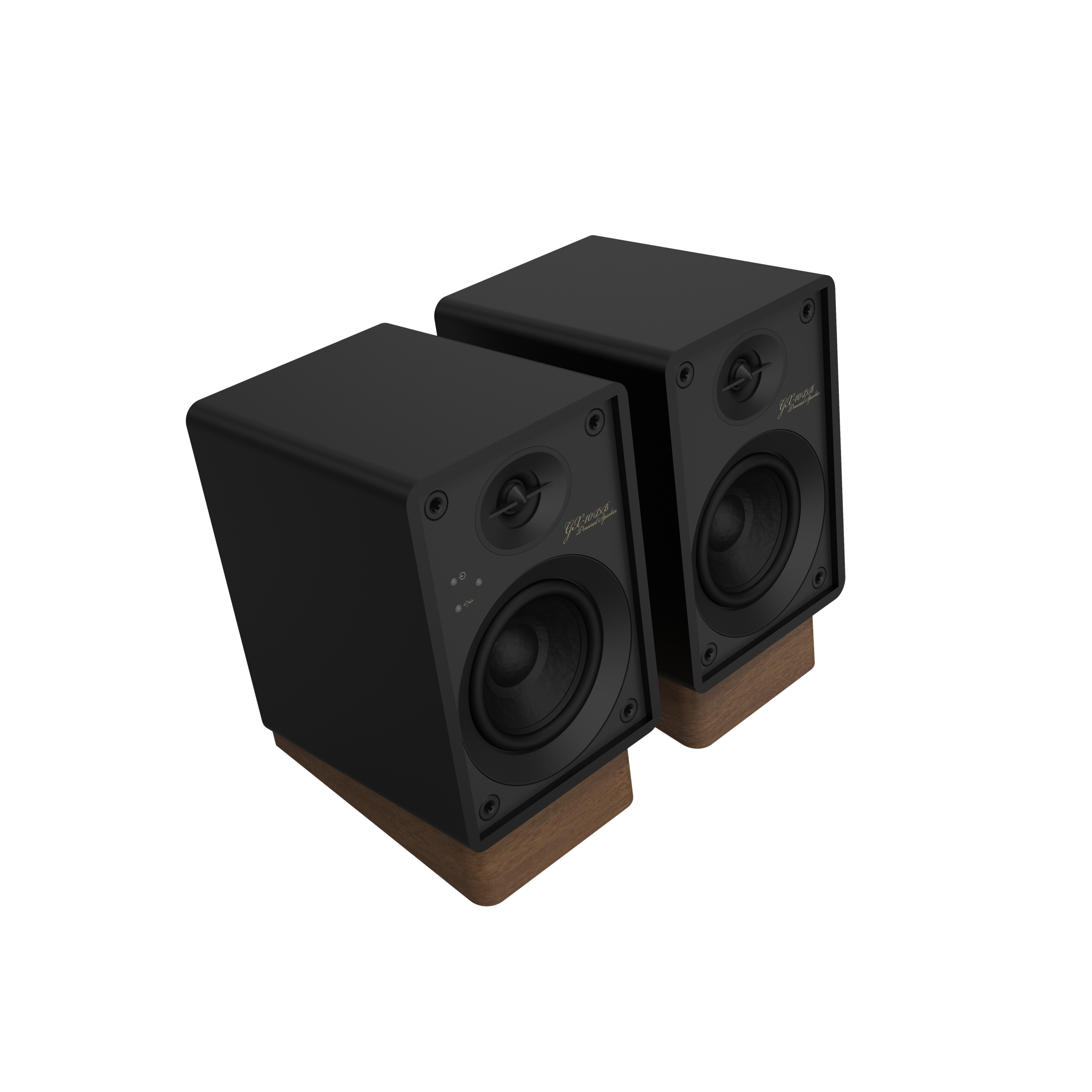 Onkyo GX-10DB Powered Speakers in Black pair without grille. angled view