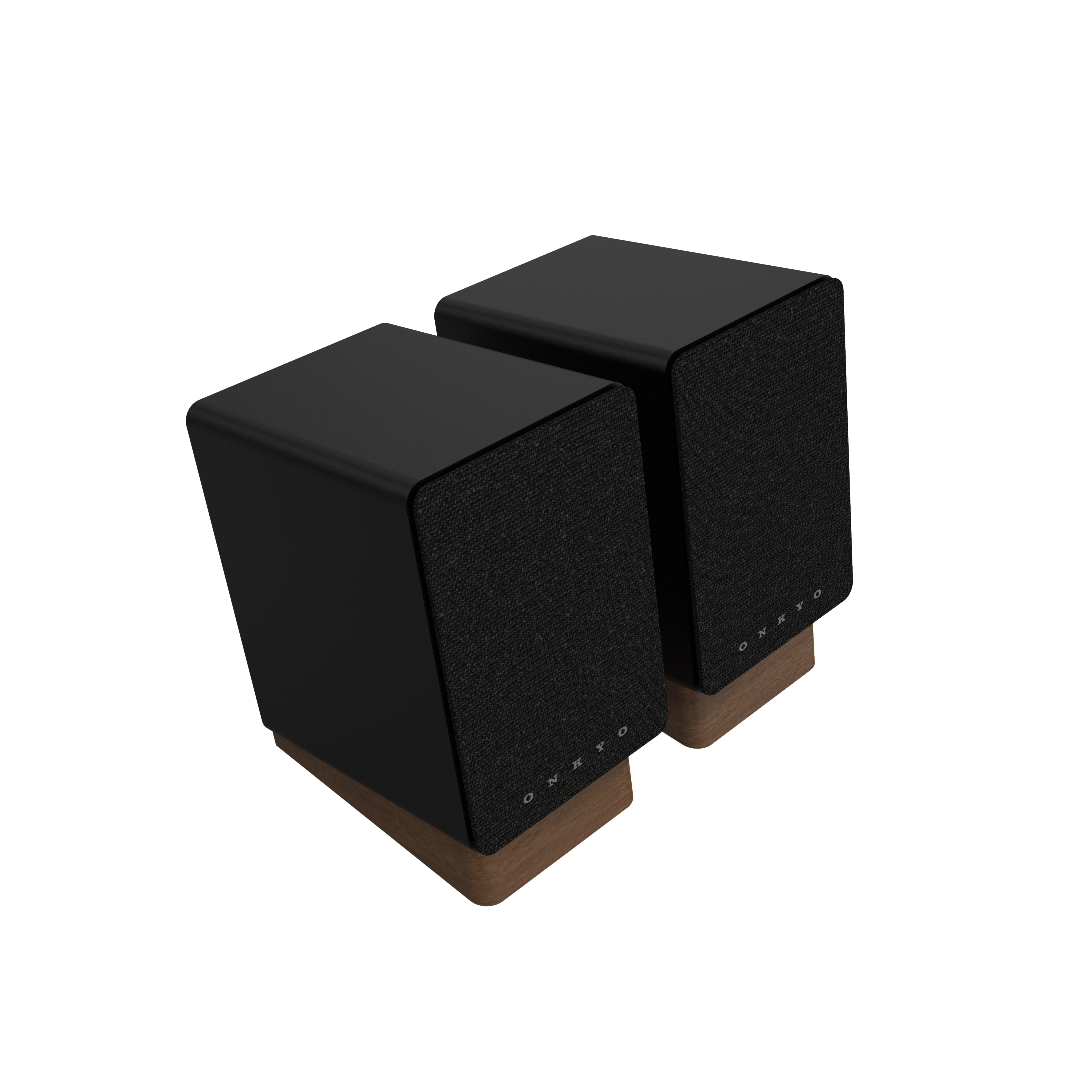 Onkyo GX-10DB Powered Speakers in Black pair with grille. angled view