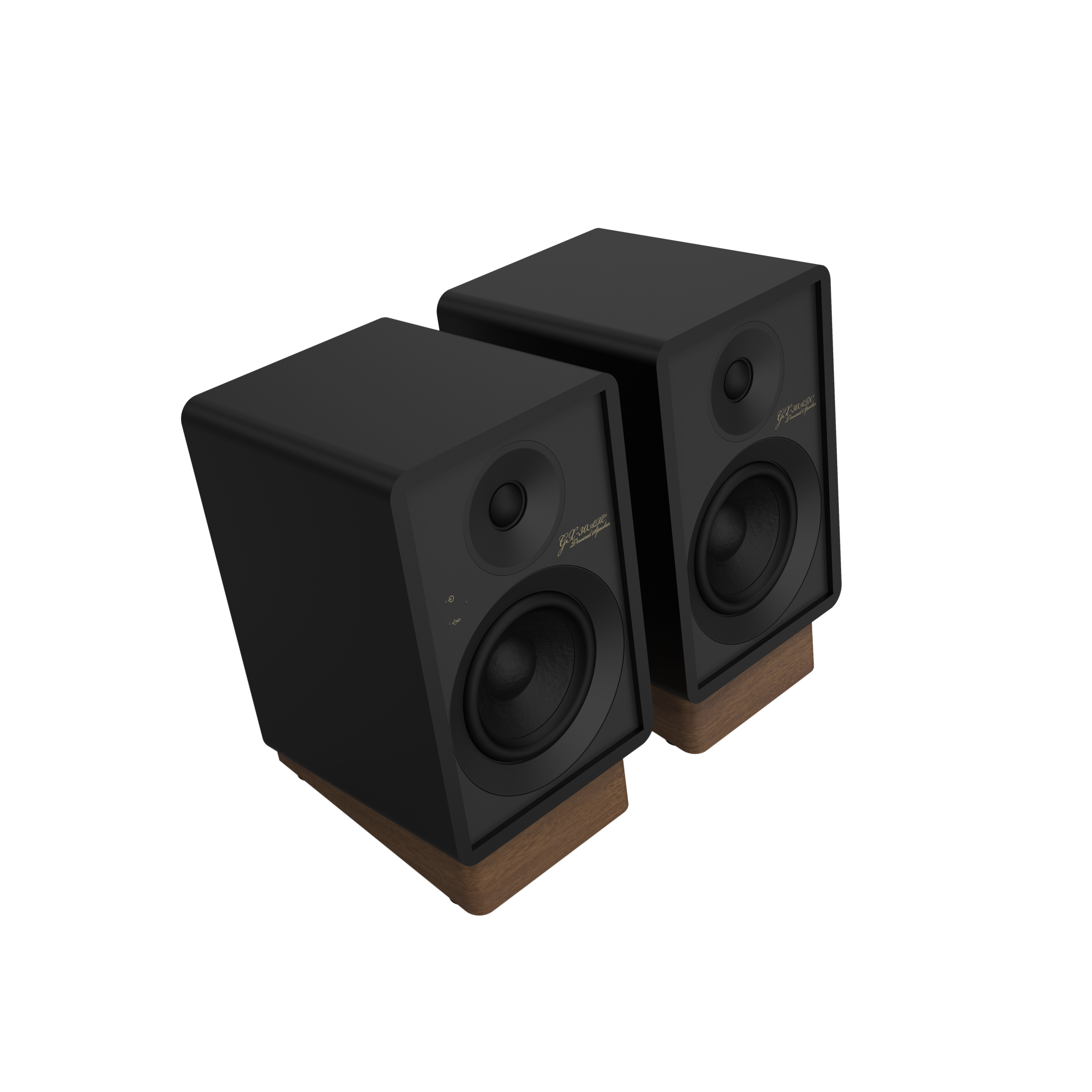 Onkyo GX-30ARC Powered Speakers in Black pair. Angled without Grille