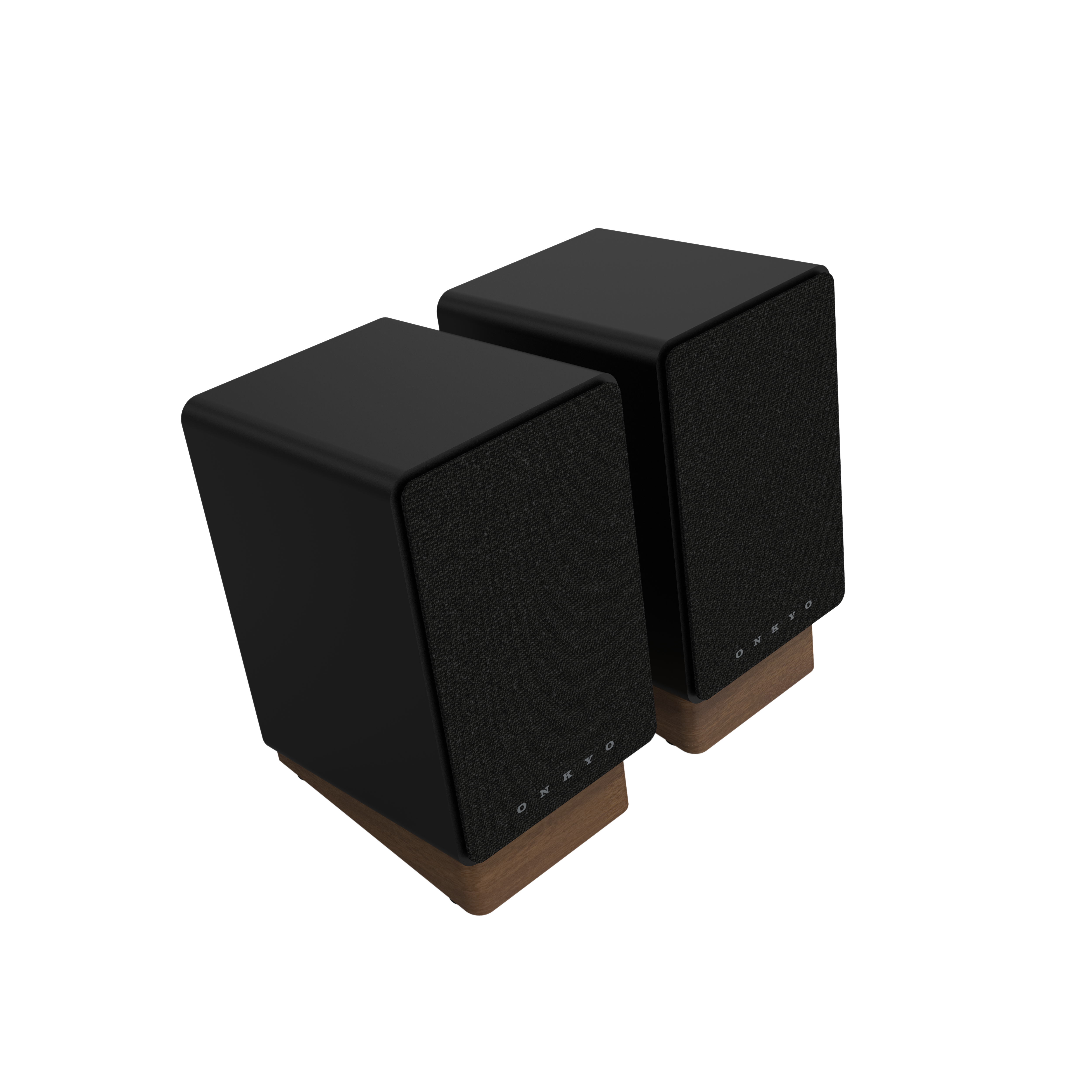 Onkyo GX-30ARC Powered Speakers in Black pair. Angled with Grille