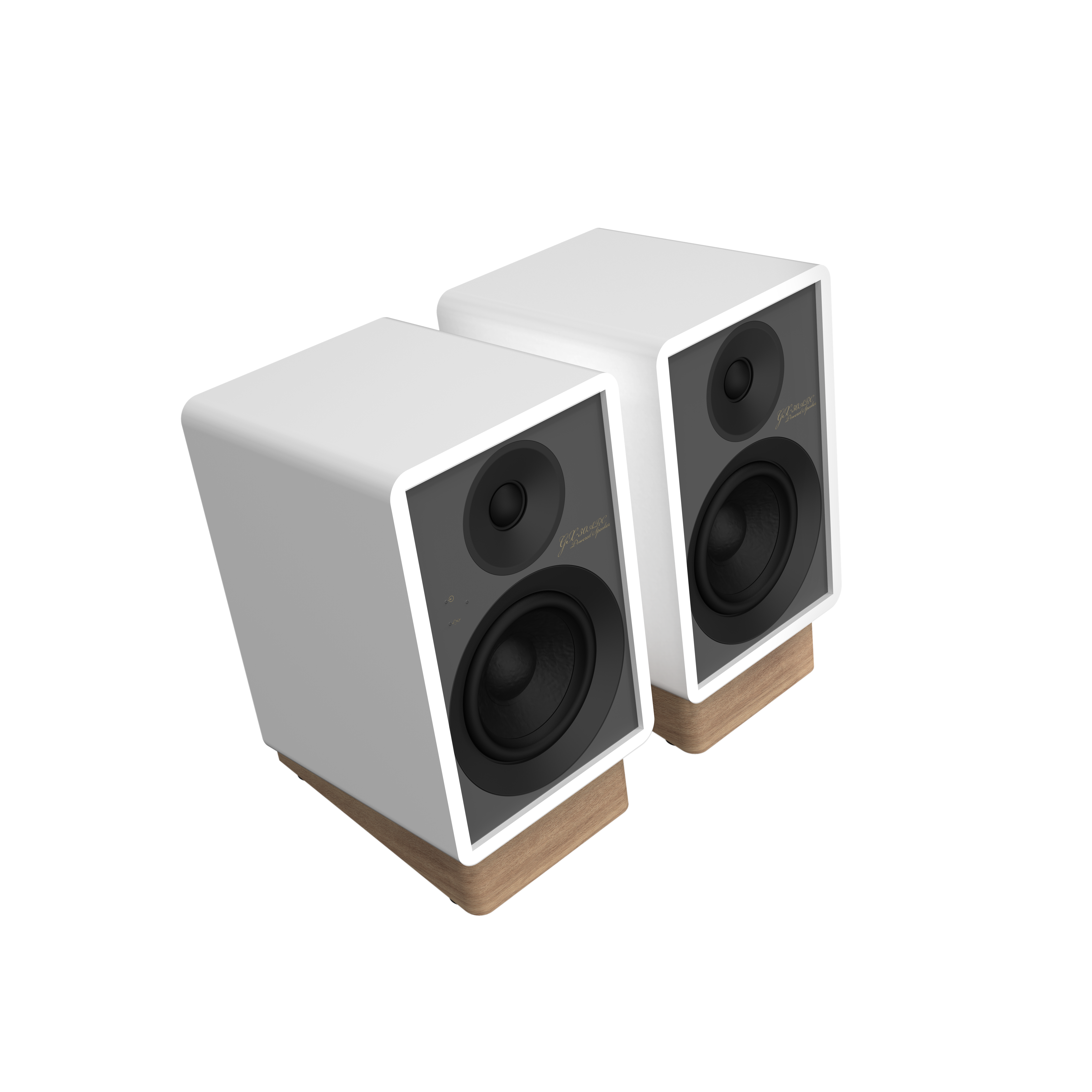 Onkyo GX-30ARC Powered Speakers in white pair. Angled without Grille