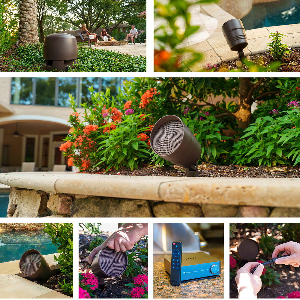 Outdoor Garden 4.1 Volt Ohm Speaker System Powered by the WiiM Amplifier, collage of images