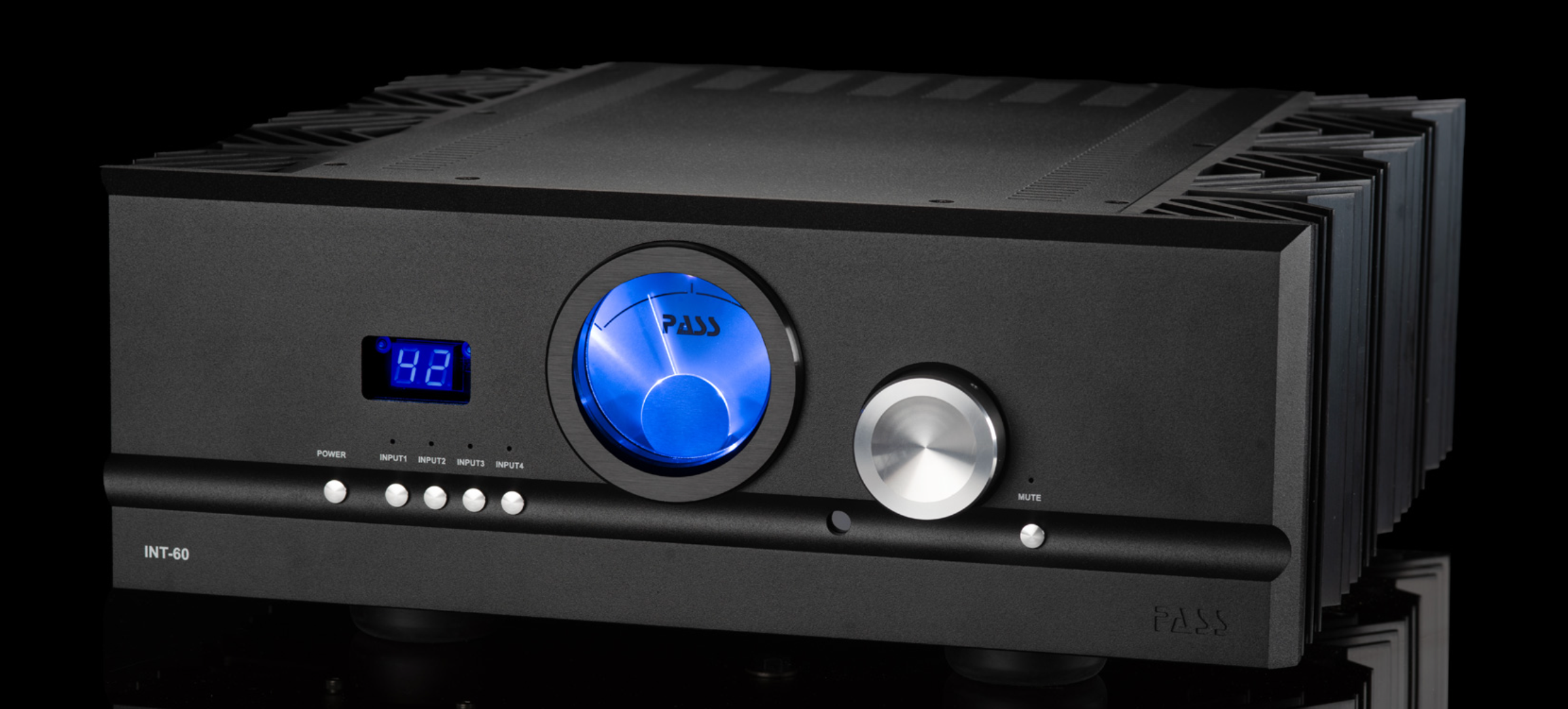 Pass Labs INT-60 Integrated Amplifier in black, angled to the left