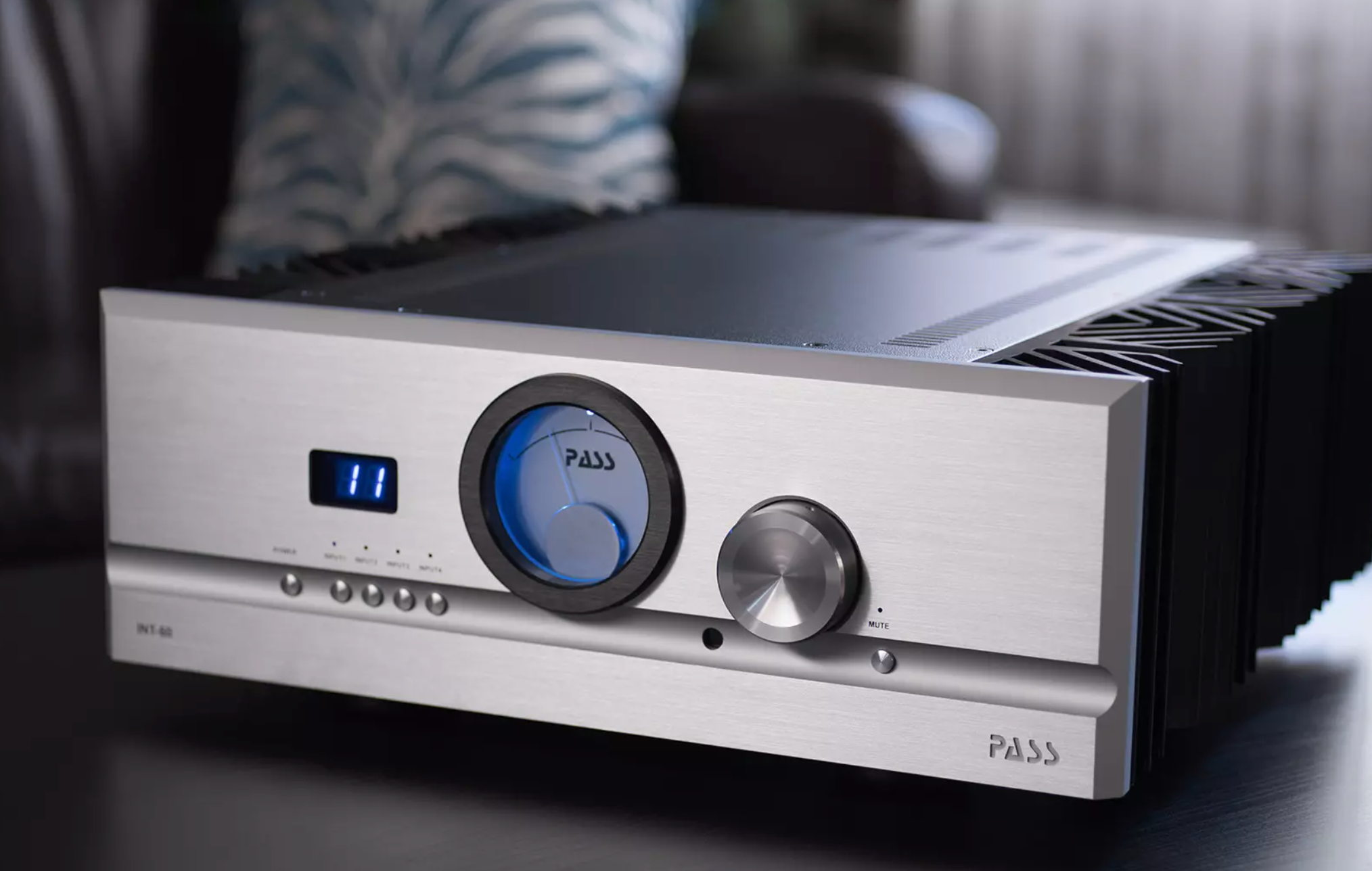 Pass Labs INT-60 Integrated Amplifier in silver, angled to the left