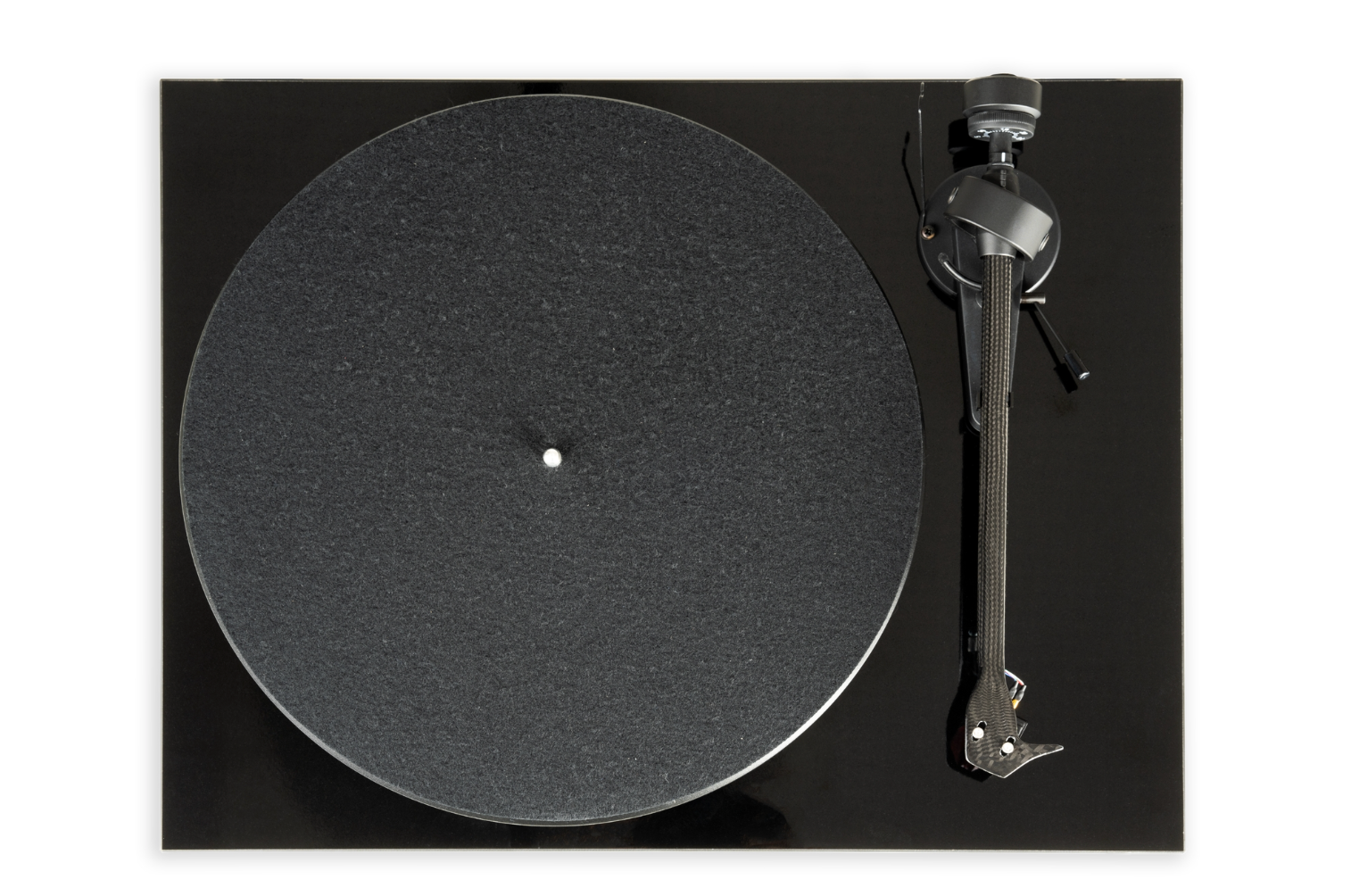 ProJect Debut E Carbon Turntable with Ortofon 2M Red cartridge in black, overhead view