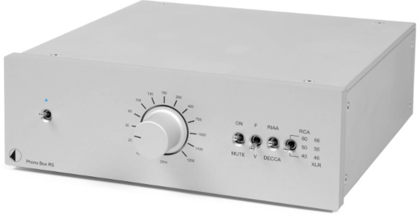 ProJect Phono Box RS Phono Preamplifier, front image of silver unit