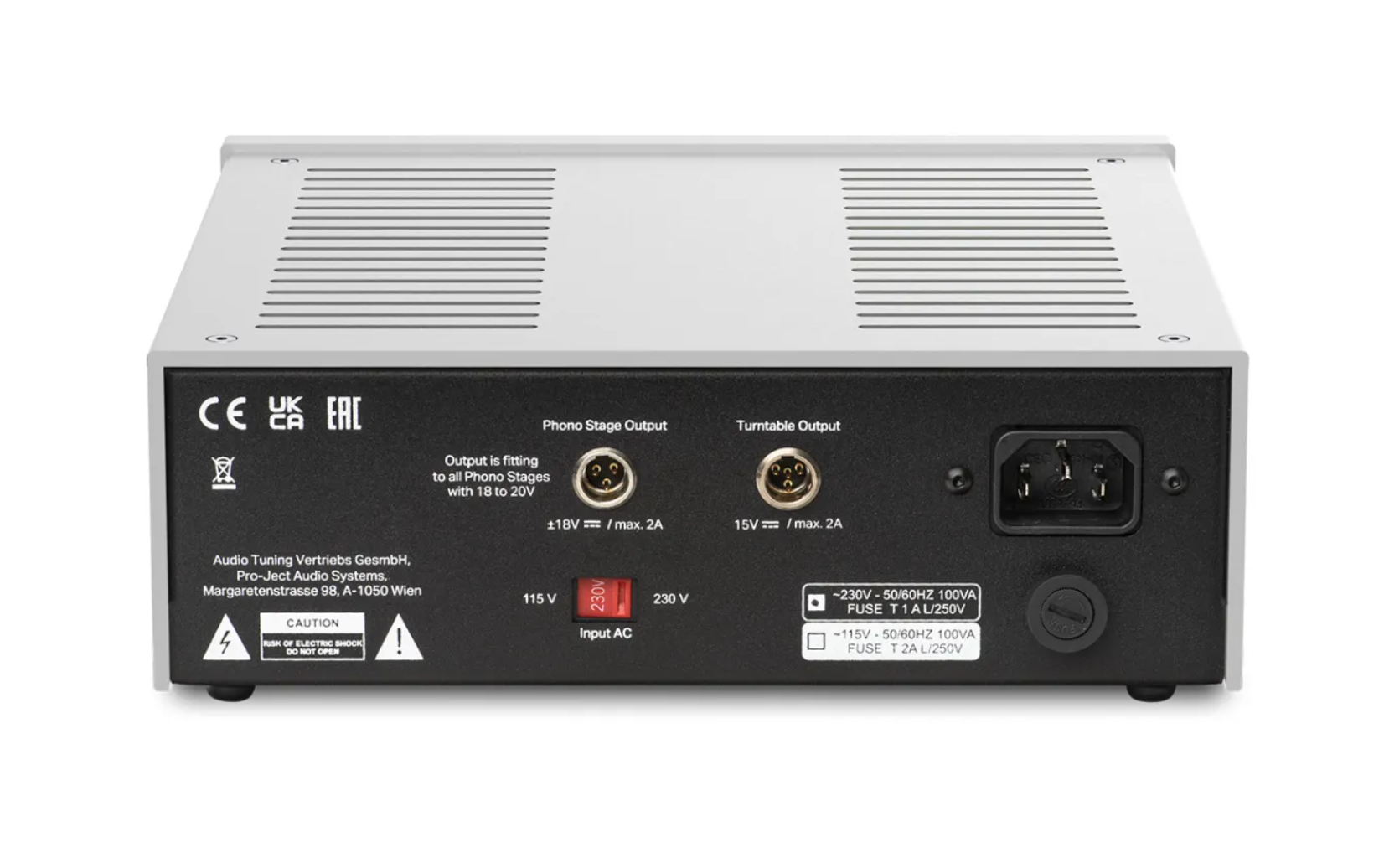 ProJect Power Box RS2 Phono Power Supply in Silver, back of unit