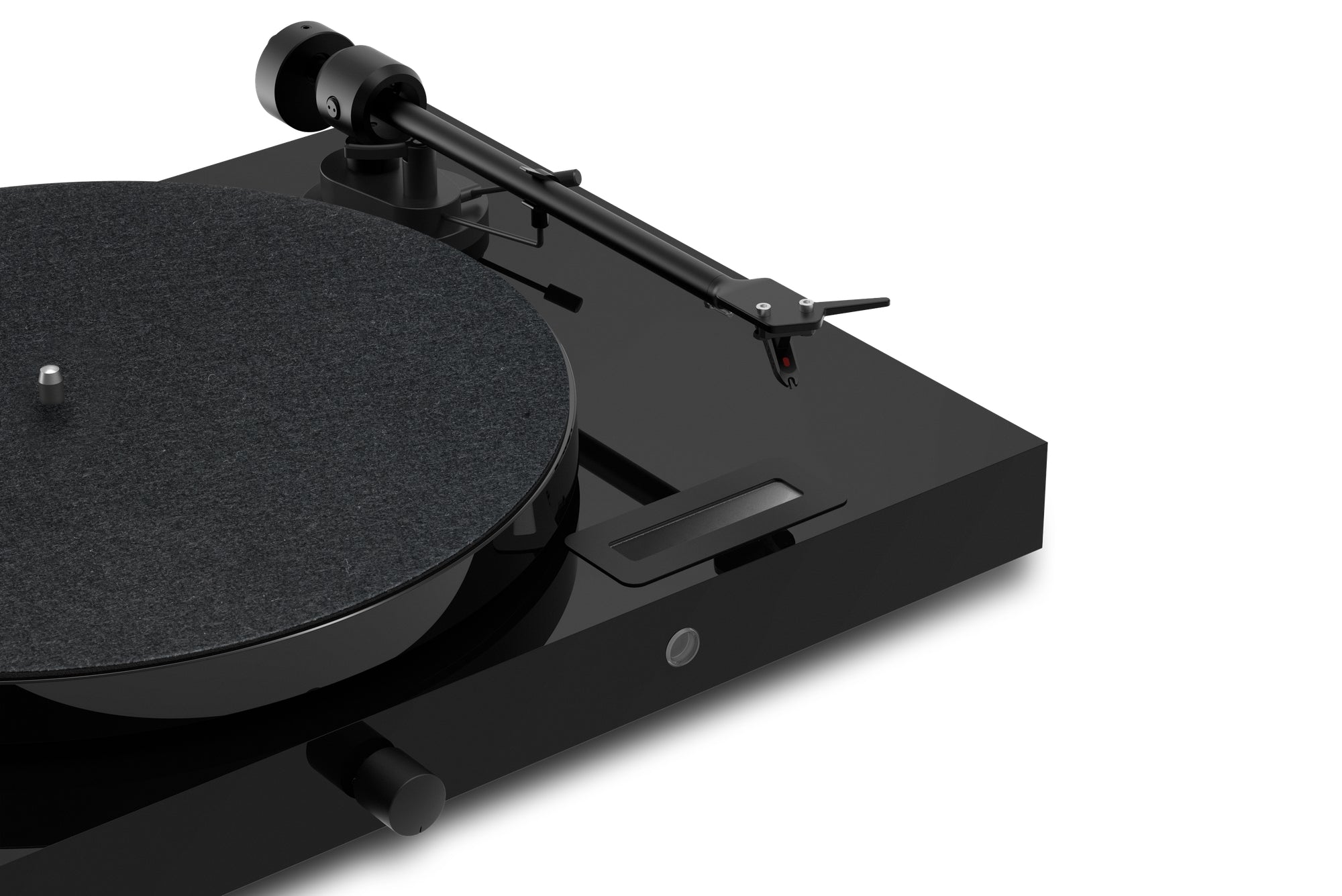Project Juke Box E1 Turntable with Ortofon OM5e Cartridge in High Gloss black, closeup