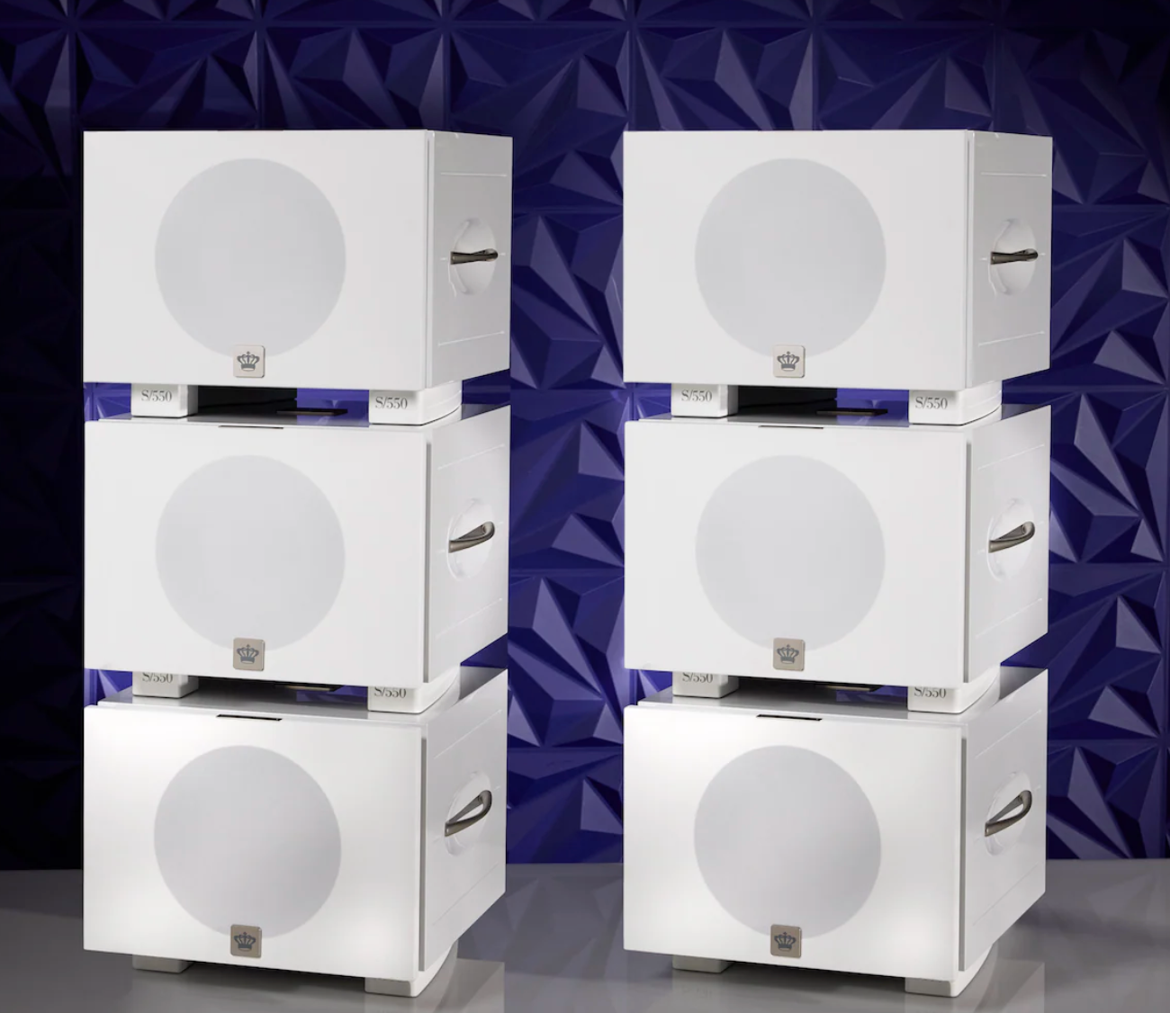 REL S/550 Subwoofers, stacked in White with grille