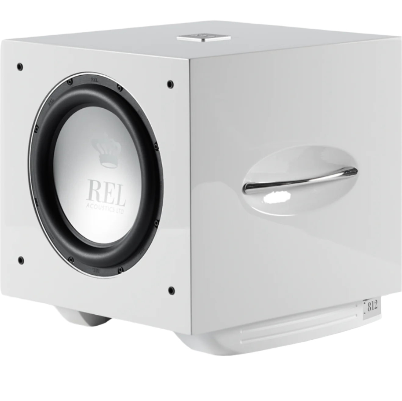 REL S/812 Subwoofer in High Gloss White, angled view without grille