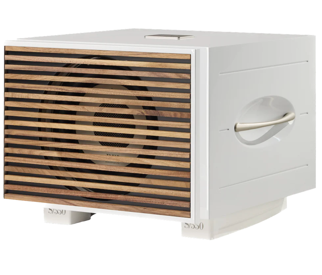 REL S/850 Subwoofer in white, with wooden grille