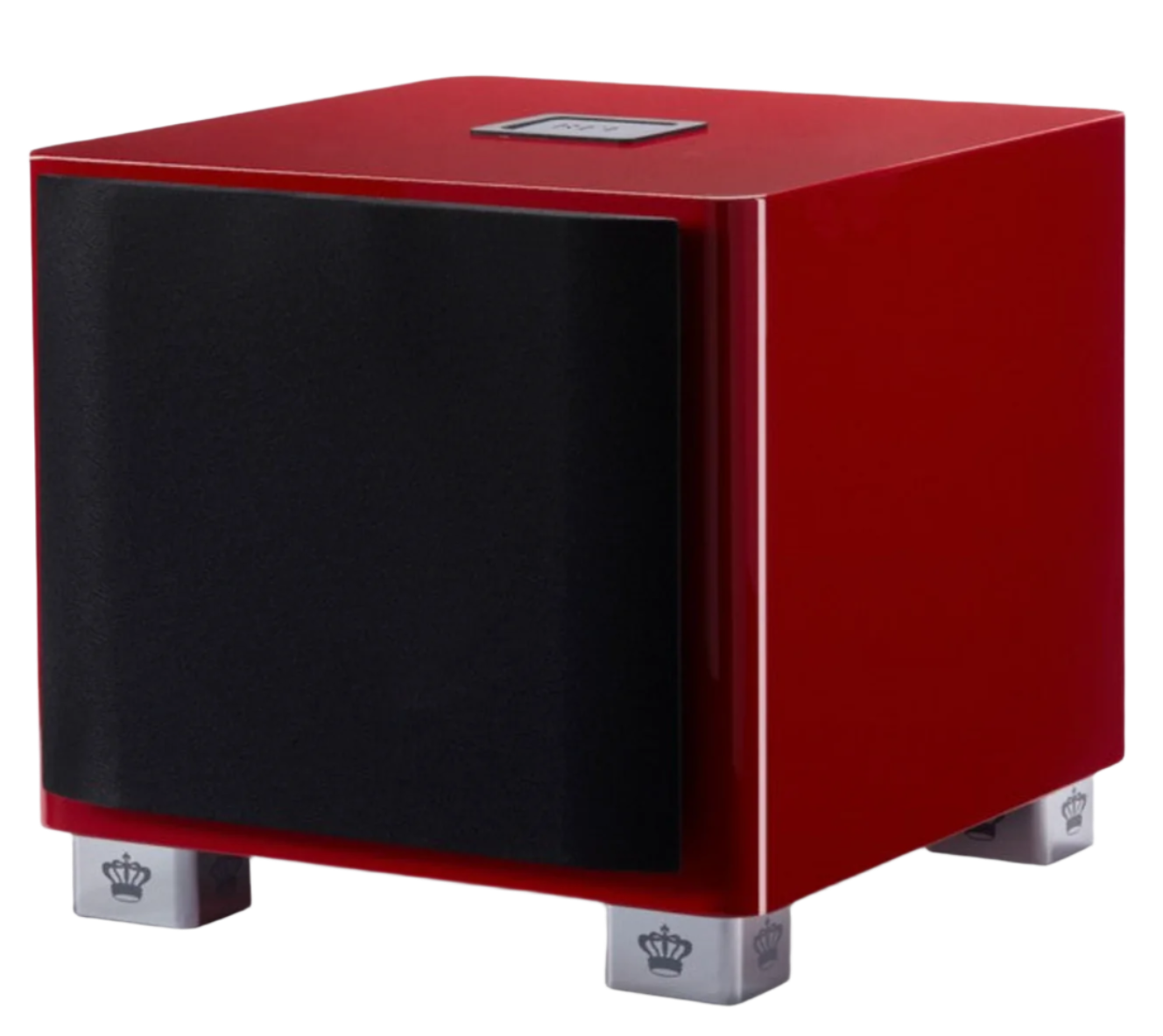 REL T/9x Subwoofer Limited Edition Italian Racing Red, angled, with grille