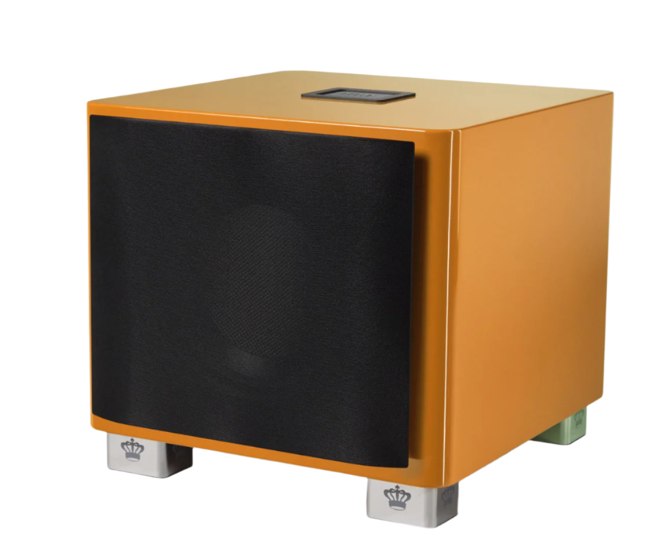 REL T/9x Subwoofer Limited Edition Tangerine Dream, with grille on an angle