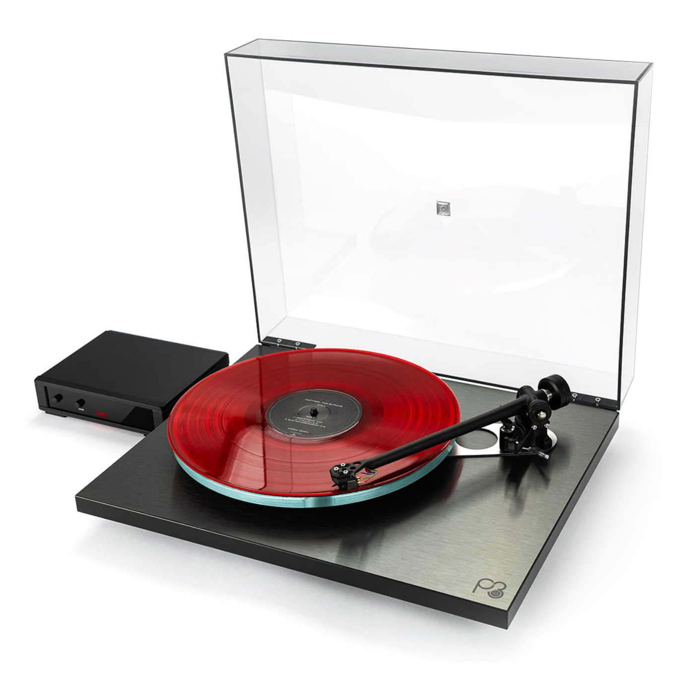 Rega Planar 3 RS Special Edition with ND5 in Brushed Aluminium Black. Shown with NEO MK2 Power Supply Unit