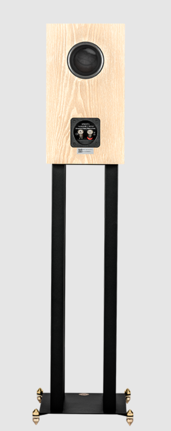 Revival Audio SPRINT 3 Bookshelf Speaker, individual, back view on stand in Blonde Oak.