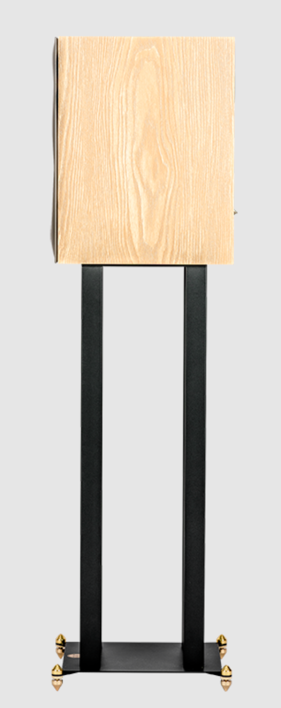 Revival Audio SPRINT 3 Bookshelf Speaker, individual, profile view on stand in Blonde Oak.