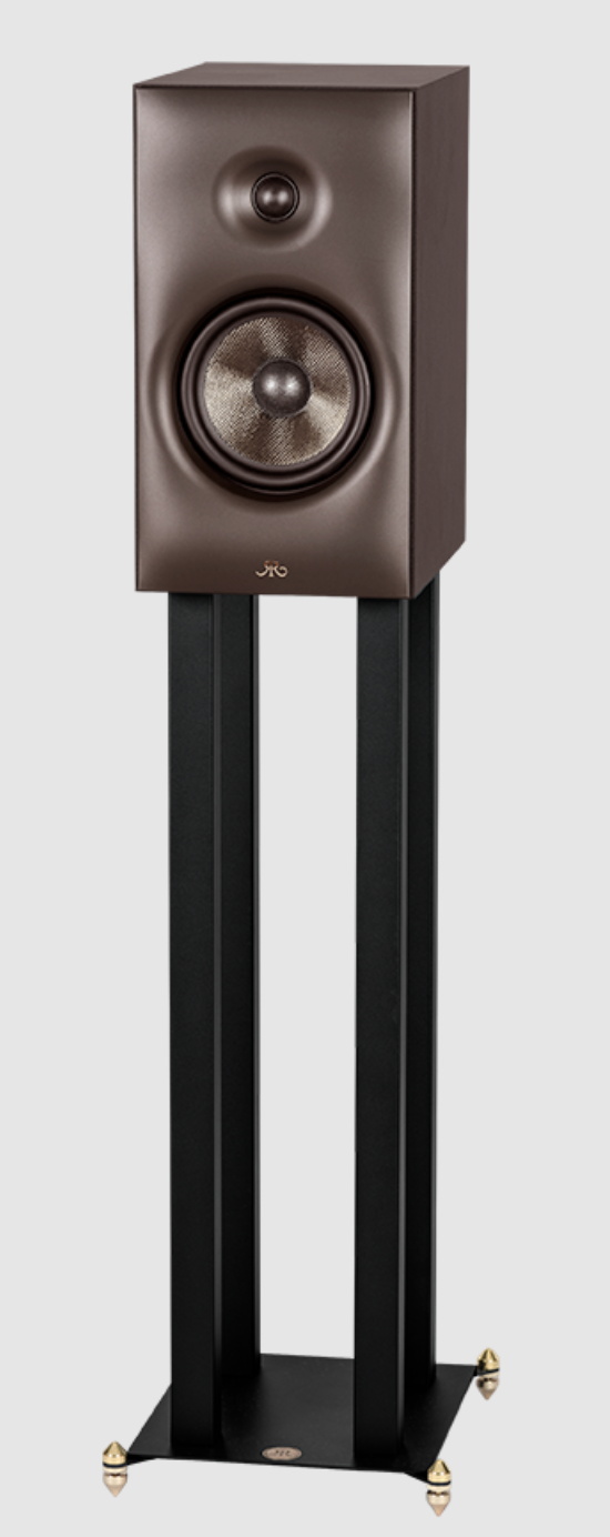 Revival Audio SPRINT 3 Bookshelf Speaker, individual, angled view on stand in Matt Black.