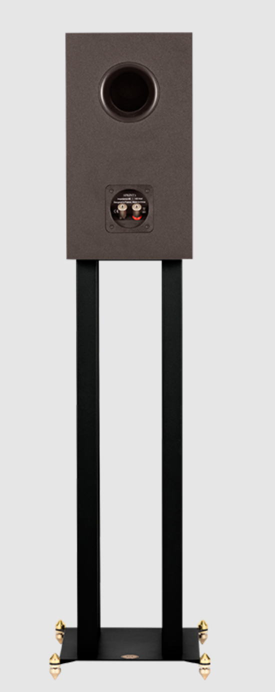 Revival Audio SPRINT 3 Bookshelf Speaker, individual, back view on stand in Matt Black.