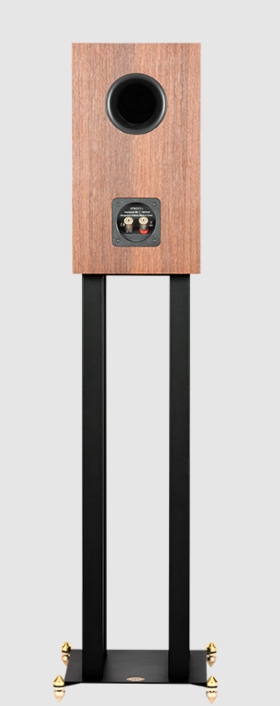 Revival Audio SPRINT 3 Bookshelf Speaker, individual, back view on stand in Walnut.