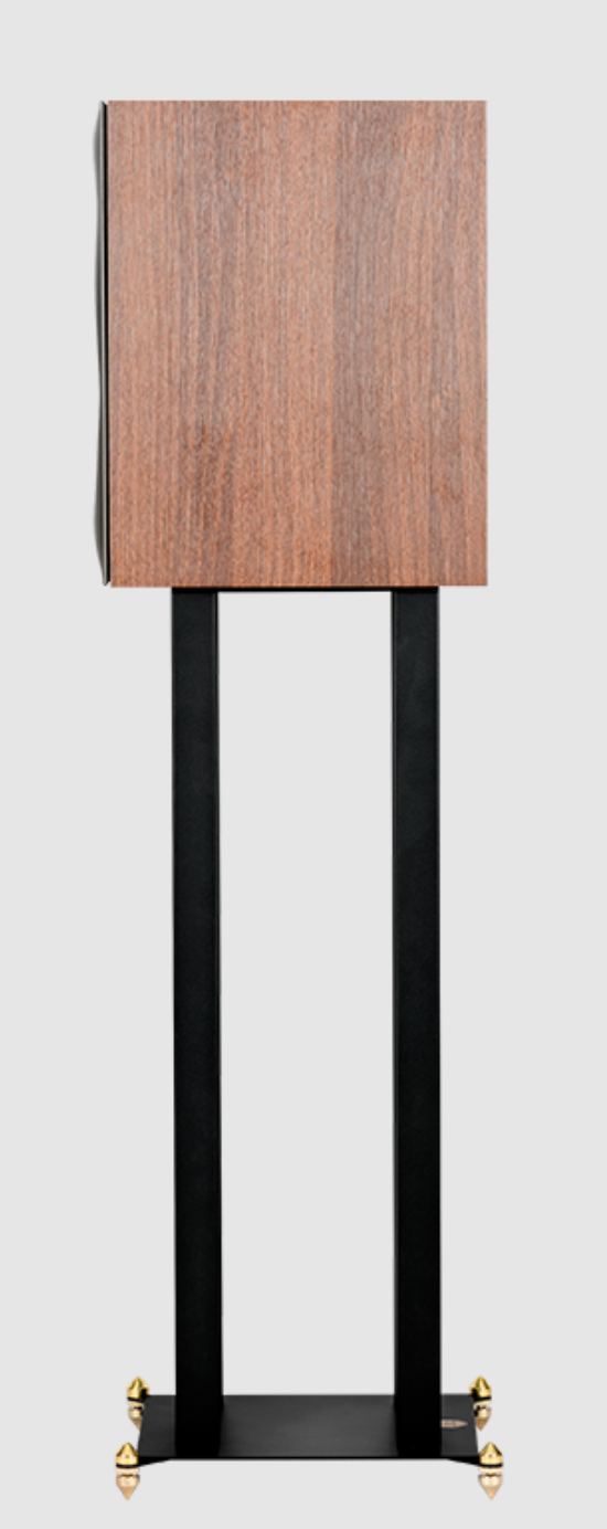 Revival Audio SPRINT 3 Bookshelf Speaker, individual, profile view on stand in Walnut.