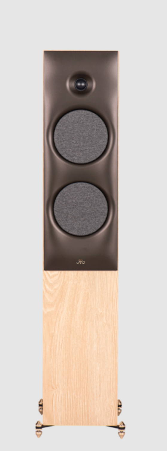 Revival Audio SPRINT 4 Floorstanding Speakers, in Blonde Oak . Image shows individual speaker, front with grille.