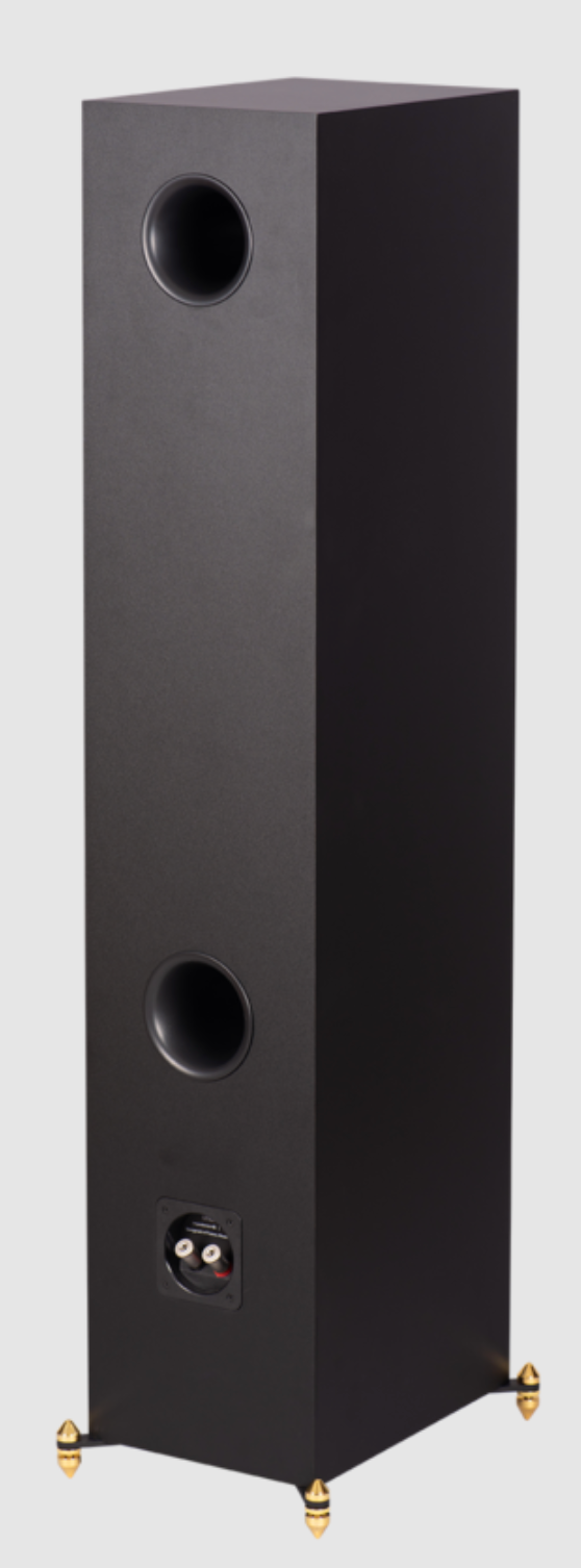 Revival Audio SPRINT 4 Floorstanding Speakers, in Matt Black. Image shows individual speaker, back, angled view.