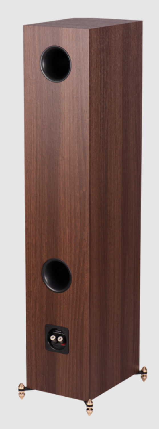 Revival Audio SPRINT 4 Floorstanding Speakers, in Walnut . Image shows individual speaker, back, angled image
