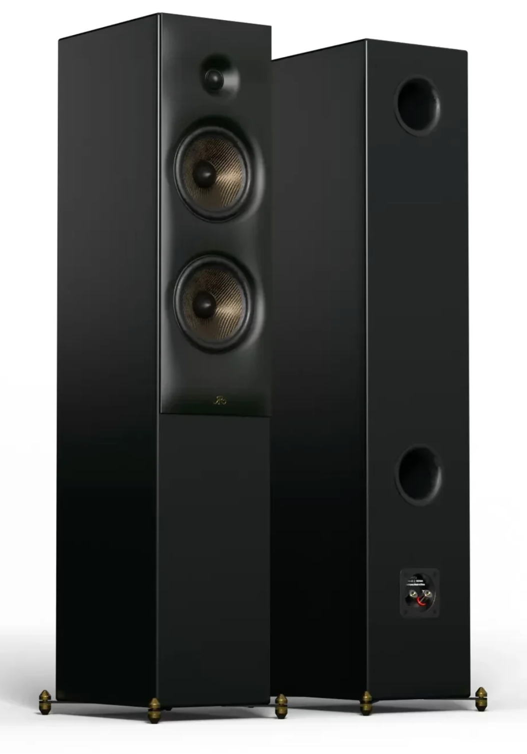 Revival Audio SPRINT 4 Floorstanding Speakers, Pair in Matt Black.  Image shows front without grille, and back.