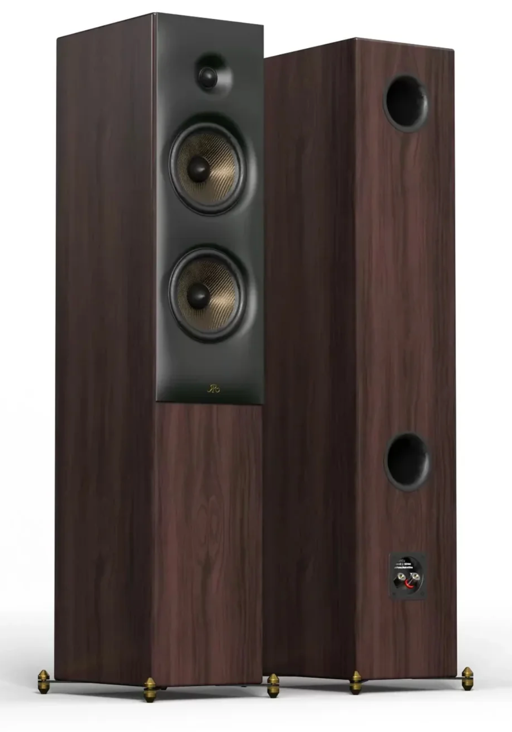 Revival Audio SPRINT 4 Floorstanding Speakers, Pair in Walnut.  Image shows front without grille, and back.