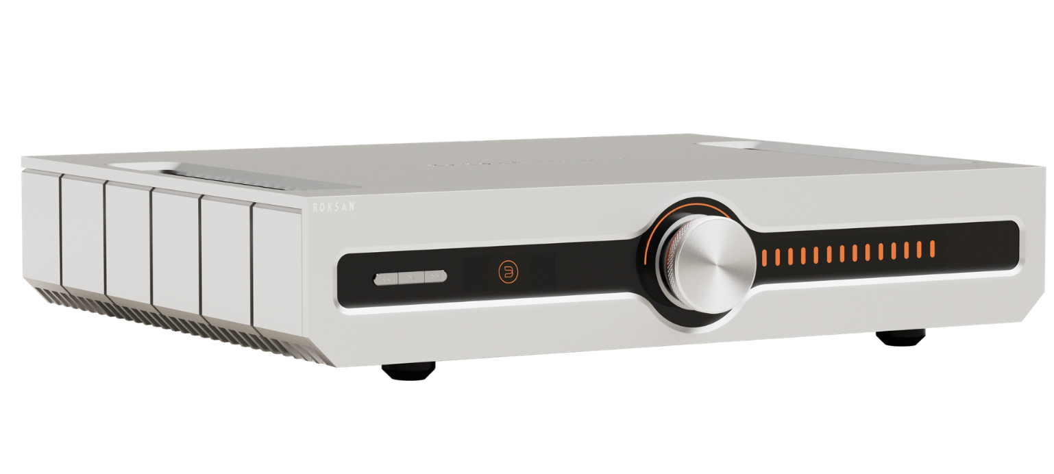 Roksan Caspian 4G Streaming Amplifier in silver, angled