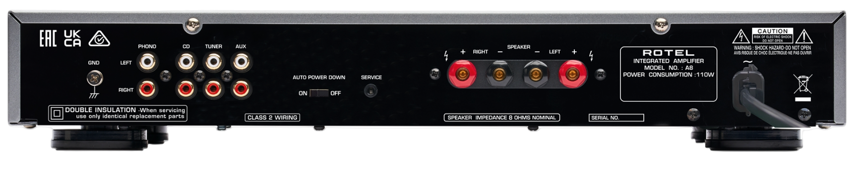 Rotel A8 Integrated Amplifier, rear of unit